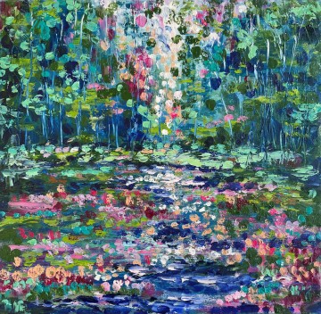 庭園 Painting - 池の花の庭の装飾風景壁アート自然風景